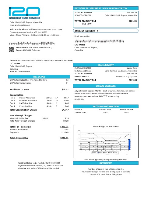 Colombia i2O Water business utility bill template in Word and PDF formats